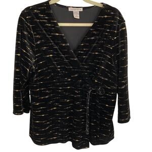 Vintage Womens L Black Velvet Metallic Babydoll Asymmetric Top Holiday Glam